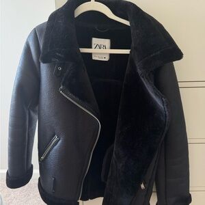 Zara Black Leathers Faux Fur Jacket